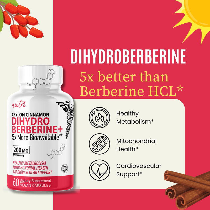 [Australia] - Dihydroberberine Supplement 200mg 60 Capsules - With Ceylon Cinnamon - 5X More Effective Than Regular Berberine HCL - Super Berberine with Ceylon Cinnamon - Dihydroberberine with Ceylon Cinnamon 60 Count (Pack of 1) 