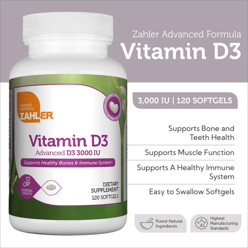 Zahler - Advanced Vitamin D3 3000 IU Softgels (120 Count) Kosher Vegetarian Friendly Vitamin D for Immune Support, Bone, Teeth & Muscle Health - Daily D3 Vitamin Supplement for Adults - Easy Swallow. Unflavored 120 Count (Pack of 1)