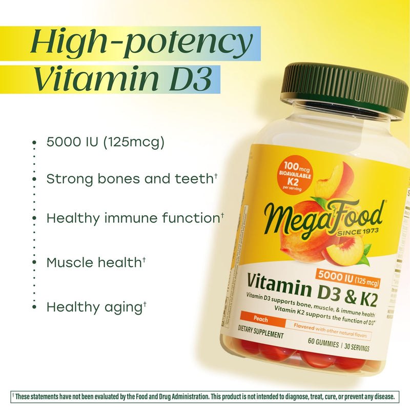 MegaFood Vitamin D3 K2, Bone, Muscle & Immune Health, Peach, 60 Gummies | Vitamin D3 5000 IU with Vitamin K2 for Bone, Muscle, Teeth & Immune Health, No Gelatin, Pectin Based, Vegetarian 30 Servings
