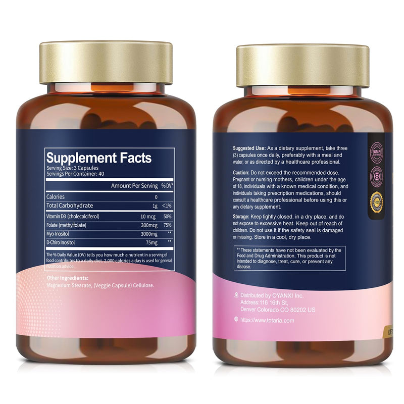 Totaria Myo-Inositol & D-Chiro Inositol Supplement Capules 3075mg, Plus Multivitamin Vitamin D3, Folate, Ideal 40:1 Ratio - Hormonal Balance for Women & Ovarian* Support | Vegan, Non GMO - 120 Caps 120 Count (Pack of 1)