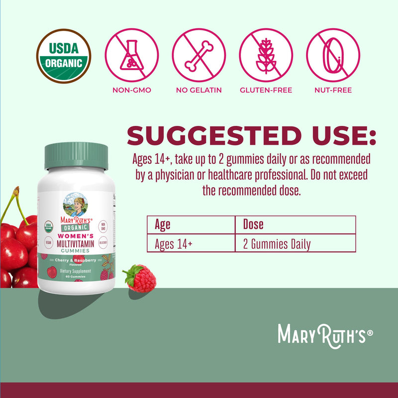 MARYRUTH'S Multivitamin Gummies for Women (Cherry & Raspberry) & Iron Liquid Supplement (Berry) | Clean Label Project Verified® | USDA Organic, Vegan, Non-GMO | Beauty, Immunity & Overall Health