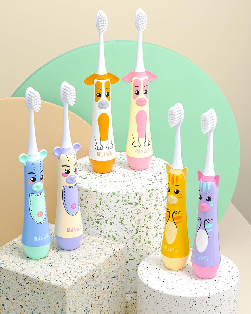 [Australia] - NELL&WELL [UPGRADE] Kids Electric Toothbrush with 2mins Brushing Timer, Battery Powered Toothbrushes with 3 Soft Bristles Heads for Children Boys and Girls Ages 3+, IPX7 Waterproof, BPA Free (Yellow) Yellow Dog 