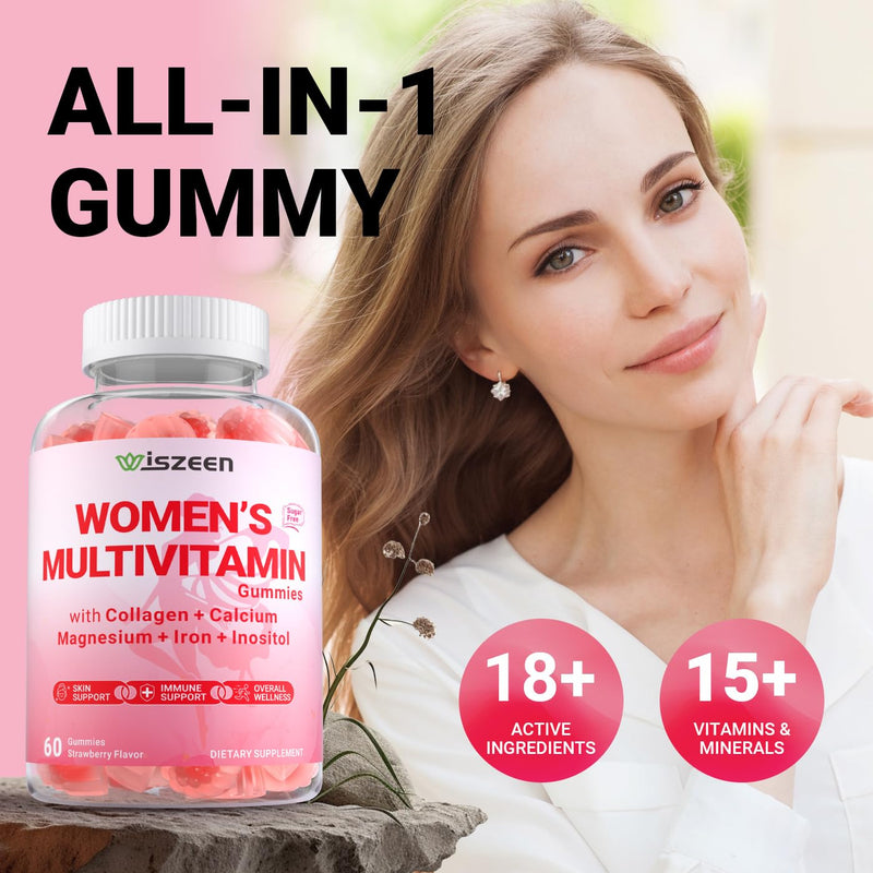 Womens Multivitamin Gummies with Biotin, Collagen, Calcium, Magnesium | Inositol, Folate, Iron, Vitamin A, C, D, E - Multi Vitamins & Minerals - Multivitamin for Women Supplement 60 Count (Pack of 1)