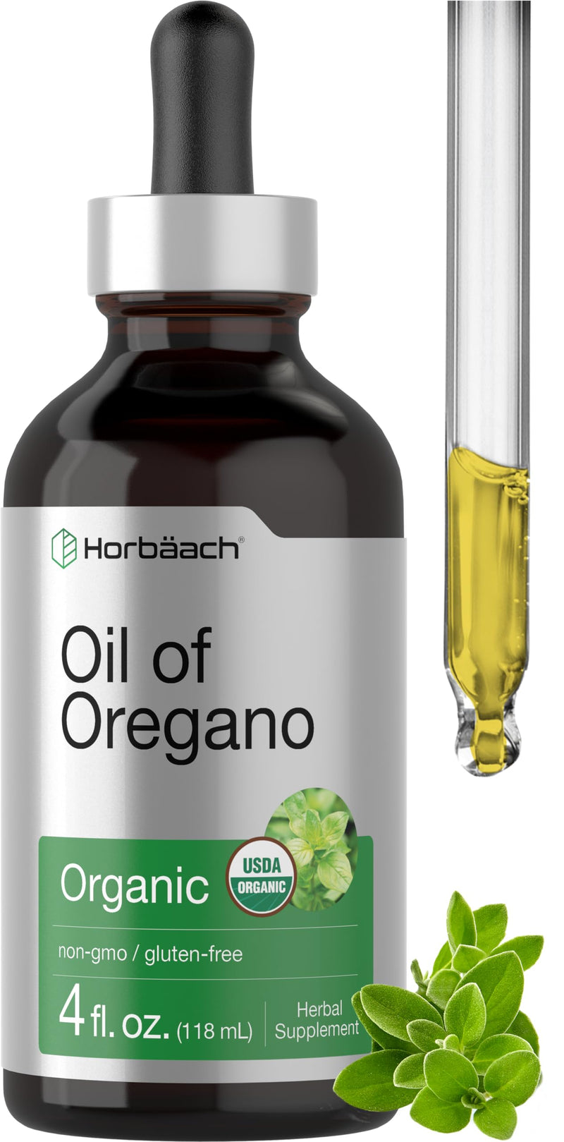 Horbäach Organic Oil of Oregano Drops 4 fl oz Liquid | Vegan | Non-GMO, Gluten Free