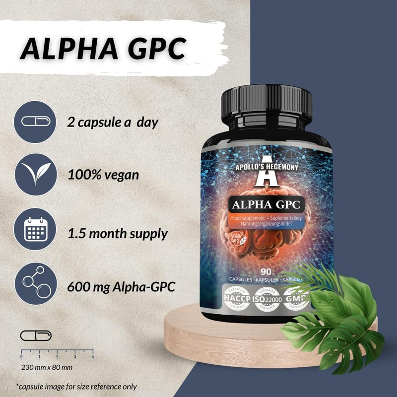 Alpha-GPC 600mg per Daily Dose - 90 Vegan Choline Capsules - 99% Choline Alfoscerate Dietary Supplement - Lipid Choline - Memory and Concentration Capsules - by Apollo's Hegemony