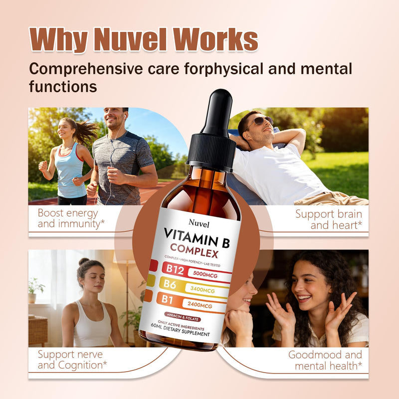Nuvel Vitamin B Complex Drops with B12, B1, B6, Vitamin B Liquid Supplement