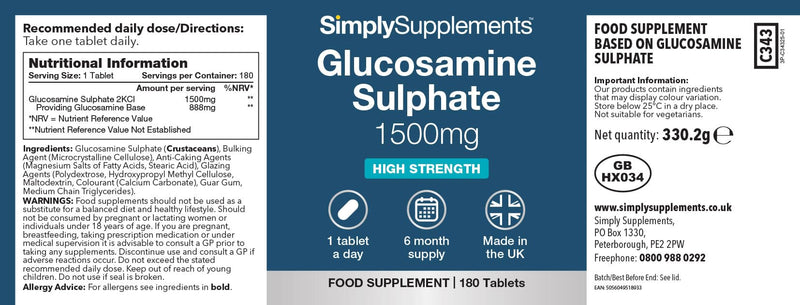 Glucosamine Sulphate 2KCL 1500mg | Supports Active Lifestyles | Marine Sourced | 180 Tablets = 6 Months' Supply | Manufactured in The UK in Accordance with GMP Standards Unflavoured 180 count (Pack of 1)