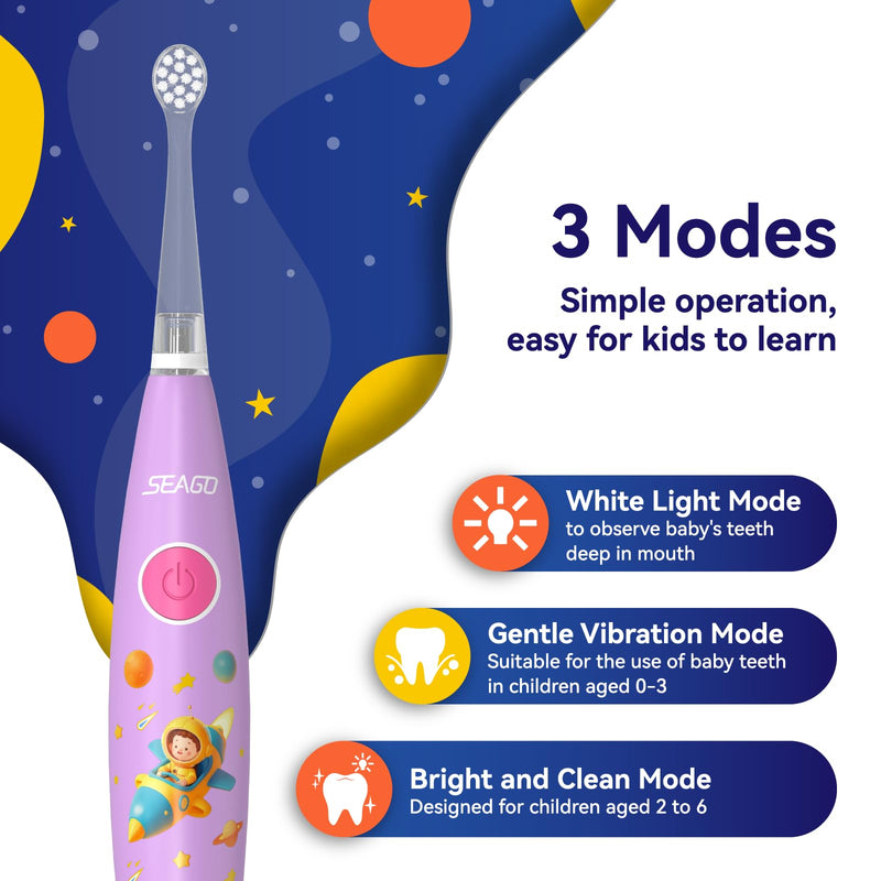 SEAGO Kids Electric Toothbrush Rechargeable with Smart Timer, LED Observing Light & DIY Stickers for Toddlers Ages 2-4, Soft Bristles for Oral Care, USB Charging (Pink) Pink