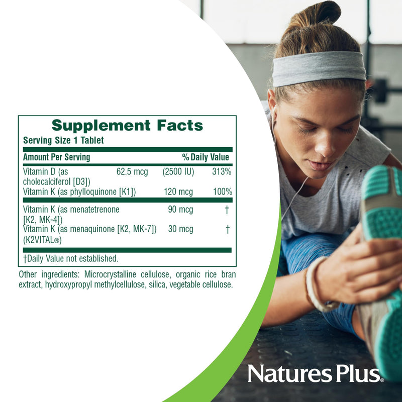 NaturesPlus Vitamins D3 & K2 - 90 Tablets - Promotes Bone Support, Immune Function, Cardiovascular Health & Mood Balance - Vegetarian, Gluten Free - 90 Servings
