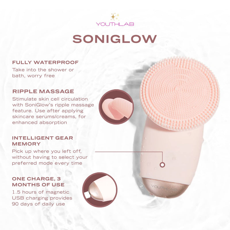 SoniGlow Silicone Facial Cleansing Brush – Electric Vibrating Skincare Scrubber Tool for Deep Pore Cleansing, Gentle Massage, Makeup Removal, Waterproof and Rechargeable (Pink) Pink