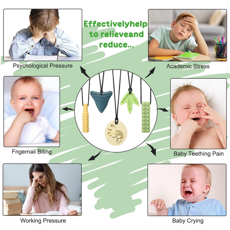 [Australia] - Sensory Chew Necklaces for Aggressive Chewers - Silicone Chewelry for Autism, ADHD, Oral Motor Therapy & Baby Teething - Dinosaur (BPA-Free, Textured Surface) Beige, Yellow, Gray, Green, Light Green 