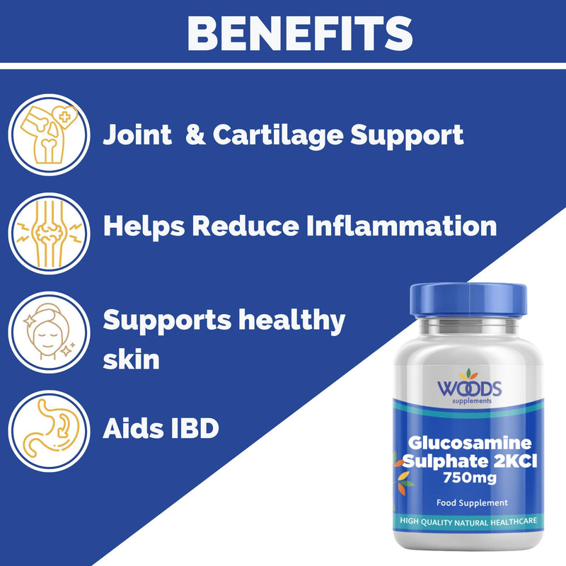 Woods Supplements - Vegan Glucosamine Sulphate 2KCl 750mg x90 Tablets. for Joint, Knee Support & Bone Health. Sodium Free Glucosamine Sulphate Tablets. Premium Joint Supplements for Women & Men 90