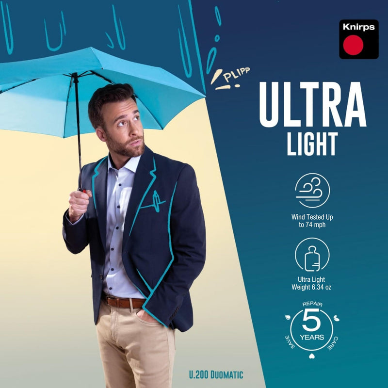 Knirps U.200 Ultra Light Duomatic Automatic Open Rain Umbrella - Compact Windproof Travel Umbrella for Adults - 97cm Diameter Retractable With Carrying Case Black