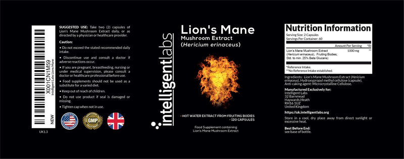 Intelligent Labs Lion’s Mane Mushroom Extract, from the Fruiting Bodies of Hericium Erinaceus, 1000mg per Serving, 120 Capsules, Mycelium and Grain-Free