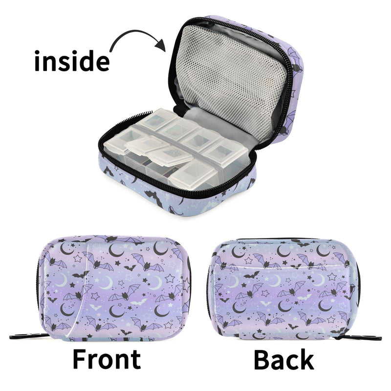 Purple Bat Moon Travel Pill Organizer Bag | With Zipper 7 Day Portable Weekly Medicine Box Case & Vitamin Supplement Dispenser Pouch for Men Women Color #06