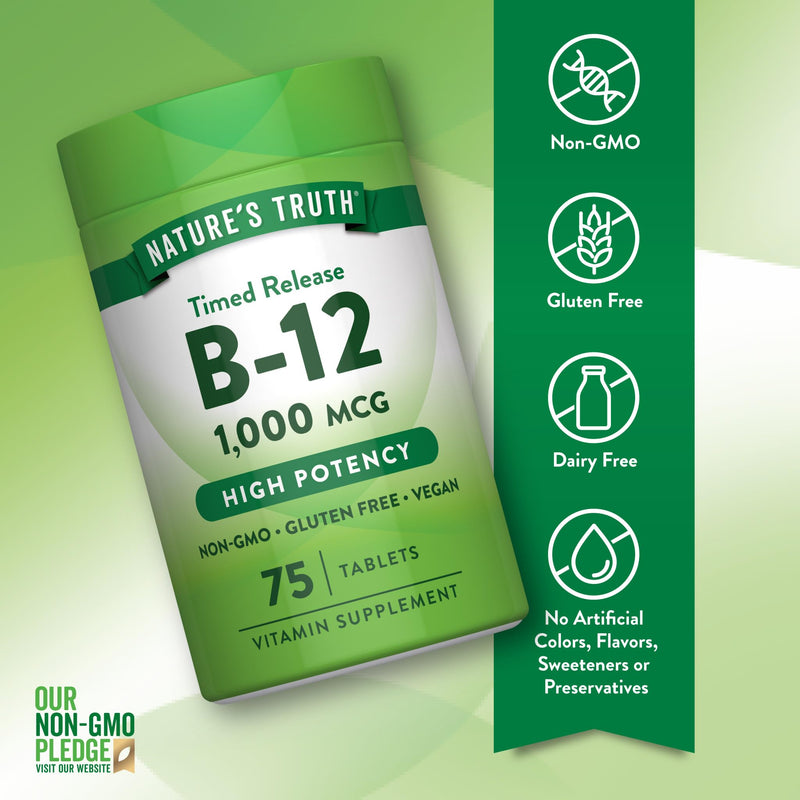 Nature's Truth Vitamin B12 1000 mcg | 75 Timed Release Tablets | Vegan, Non-GMO & Gluten Free Supplement 75 Count (Pack of 1)