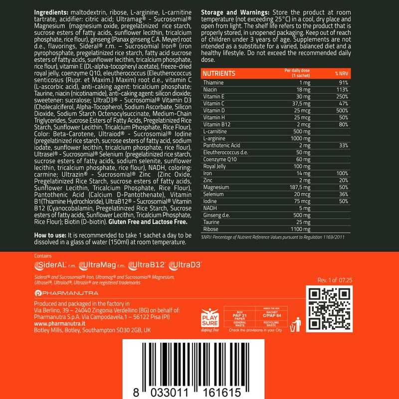 Instantly Recharges, Mental Energy and Physical, Tonic-Energy Food Supplement, 14 Sachets, Ginseng and Taurine, Minerals & Vitamins, No Caffeine, No Lactose, No Gluten, Apportal Boost, Pharmanutra