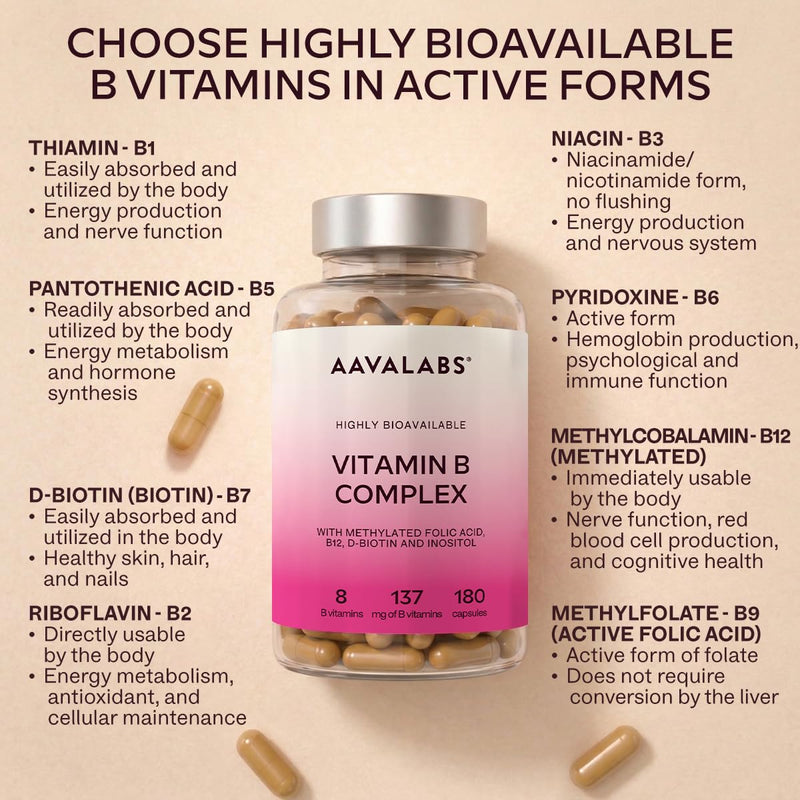 Vitamin B Complex High Strength - Includes Essential Multi B-Vitamins B12, Vitamin B6, Vitamin B1, Vitamin B5 Pantothenic Acid, Niacin, Biotin, Folate, Riboflavin, Inositol - (180 Capsule Supply)