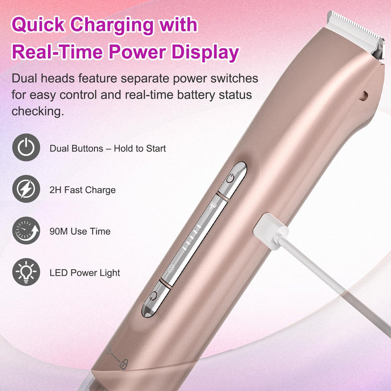 [Australia] - Bikini Trimmer for Women 2-in-1, Dual-Head Electric Razors for Women, IPX7 Waterproof Pubic Hair Trimmer, Facial & Body Electric Shaver, USB Rechargeable, LED Display, Rose Gold 