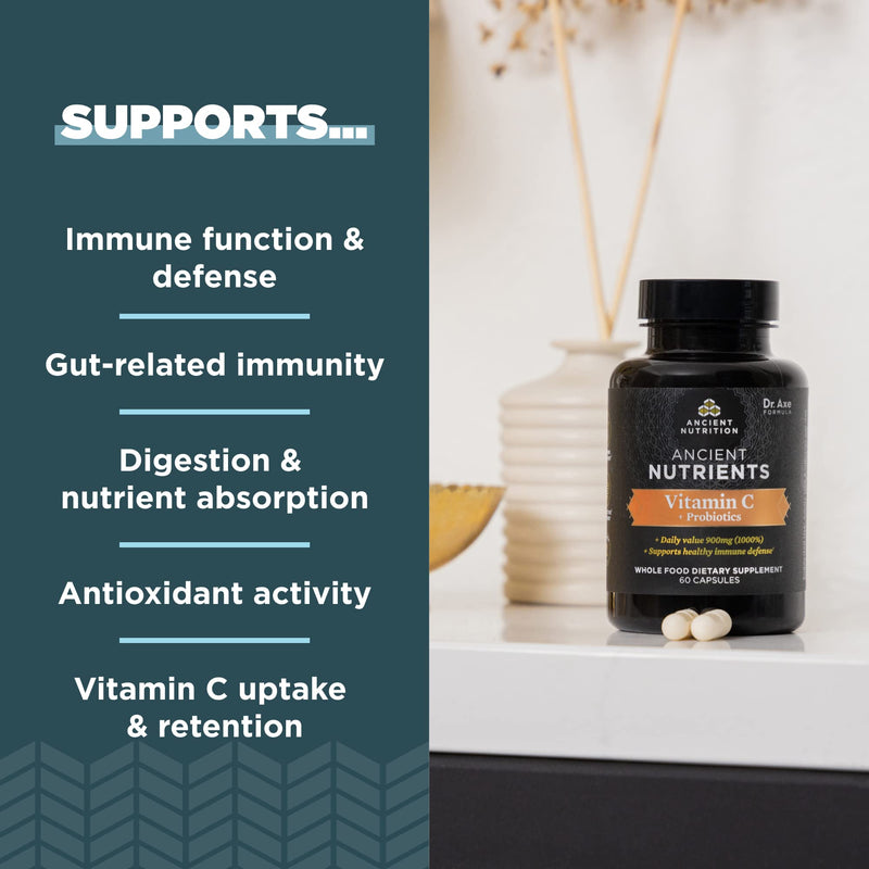 Ancient Nutrition Vitamin C + Probiotics, Supports Healthy Immune System | Supports Healthy Immune System and Gut Health, Made Without GMOs, Superfoods Supplement, Paleo and Keto Friendly, 30 Count