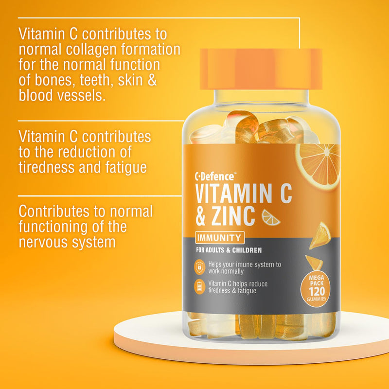 Vitamin C and Zinc Gummies by C Defence, Immunity, Vegan Gummies for Adults and Children- Orange Flavour 1 count (Pack of 120)