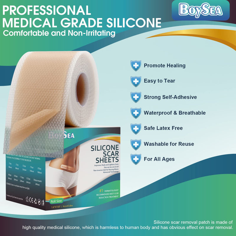 [Australia] - Professional Silicone Scar Sheets (1.6" x 150" Scar Roll-3.8M) - Scars Removal Treatment - Reusable Silicone Scar Tape Strips Type for Keloid, C-Section, Surgery, Burn, Acne et Natural 