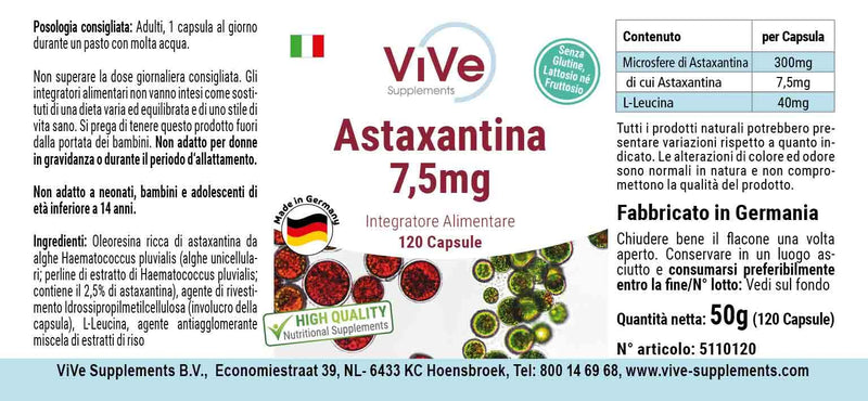 [Australia] - Astaxanthin 7.5 mg - 120 capsules - carotenoid - microencapsulated in beadlets - high dosage and vegan | Quality from Germany from ViVe Supplements 