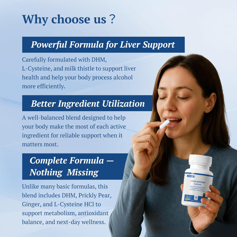 DHM Pre-Drink & Liver Support Supplement with Dihydromyricetin, Milk Thistle & L-Cysteine – Hangover Support, Alcohol Recovery, Liver Detox & Hydration Formula with Vitamins B, C, E – 30 Capsules