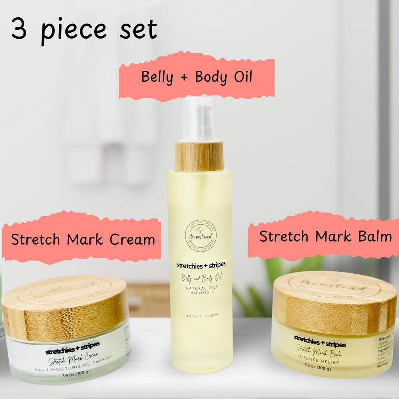 [Australia] - Stretchies and Stripes Bump and Body Stretch Mark Deluxe Gift Set | Body Oil, Stretch Mark Balm, Stretch Mark Cream | Pregnancy Safe | Gift for Mom 