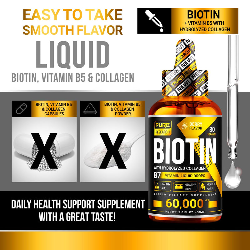 [Australia] - PURE RESEARCH Liquid Biotin & Collagen Hair Growth Drops 60,000mcg - Biotin and Liquid Collagen Supplement for Men & Women - Glowing Skin Support, Healthy Hair & Nail Growth - 2oz 2 Fl Oz (Pack of 1) 