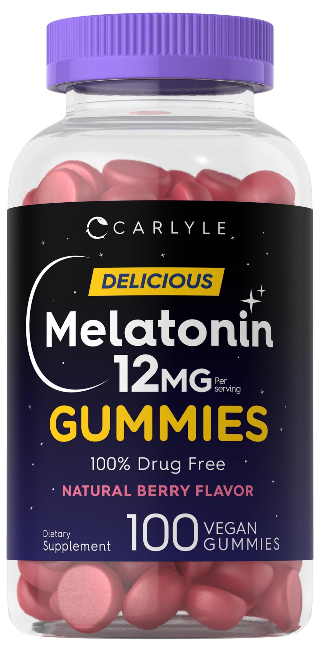 Carlyle Melatonin Gummies 12mg | 100 Count | Berry Flavor | Vegan Supplement | Non-GMO, Gluten Free