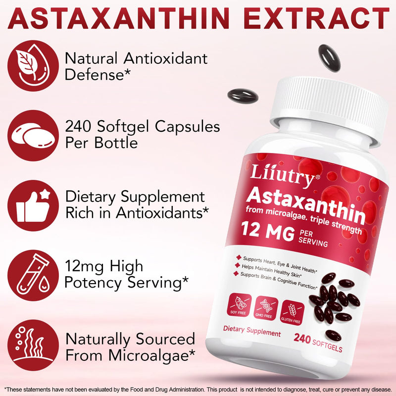 Astaxanthin Supplements, 240pcs Astaxanthin High Strength, Astaxanthin 12mg, Supports Eye, Skin, Joint, Brain, Heart & Immune System Health, Non-GMO & No Gluten