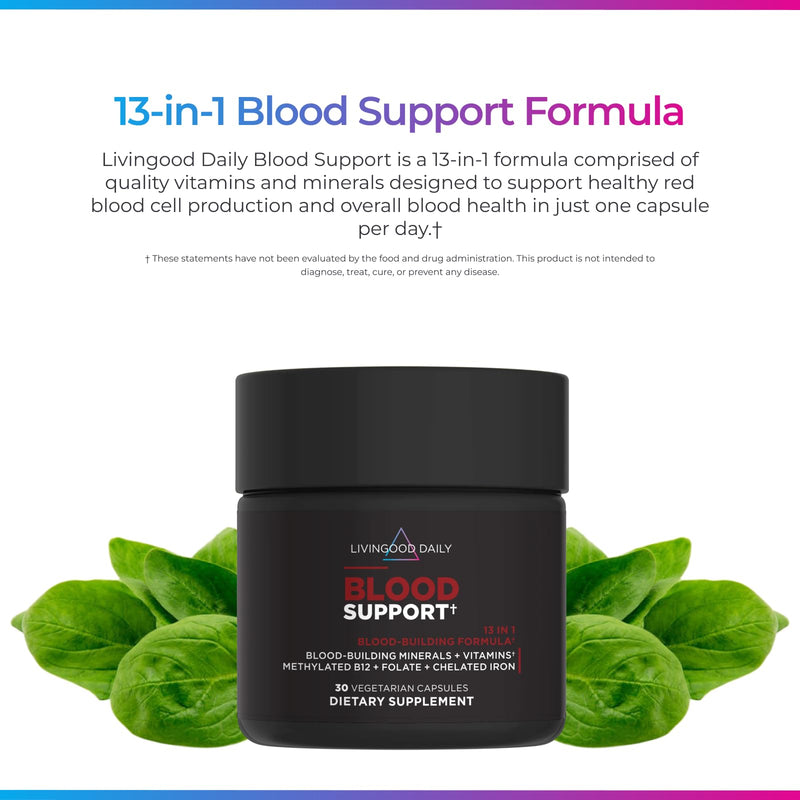 Livingood Daily Blood Support, Iron Supplement for Women & Men, 30 Capsules | 13-in-1 Red Blood Cell Support, Chelated Iron, Folate, B Vitamins, Methylated B12, Zinc, Non GMO, Vegan, Made in USA