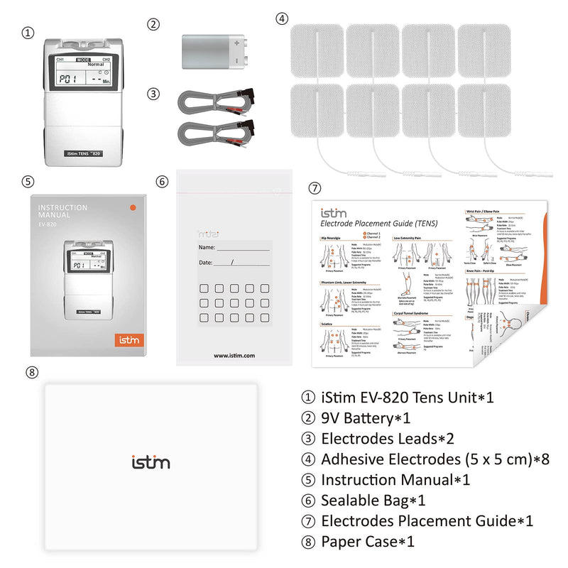 iStim Tens Unit Stimulator Machine - EV820 with 8 Electrodes Japanese Gel for Pain Management, Back Pain and Rehabilitation