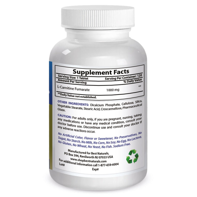 [Australia] - Best Naturals L-Carnitine Fumarate 1000mg per Tablet - 120 Count - Boosts Cellular Energy 