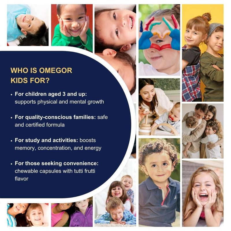 Omega 3 Kids OMEGOR - Omega3, 125mg DHA, Vitamin D3 and E for 3+ Children - Food Supplement for Brain, Eyes and Bones - 60 Fruit Flavoured Chewable Capsules