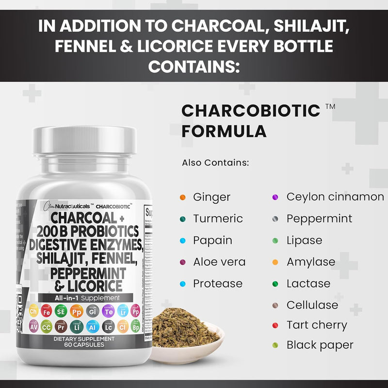 [Australia] - Clean Nutra Activated Charcoal Capsules Shilajit 5000mg Pills Probiotic 200 Billion + Digestive Enzymes for Digestive Health with Peppermint Fennel Licorice Papain Ginger Turmeric | Gut Health 