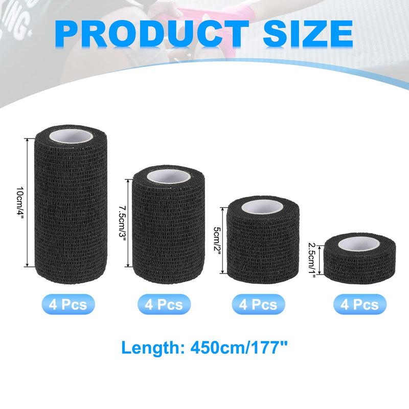 PATIKIL 1"/2"/3"/4" Self Adhesive Bandage Wrap, 16 Pcs 5 Yard Elastic Self Breathable Self Adherent Wrap Tape for Stretch Athletic Sports Wrist Ankle Outdoor Tape, Black