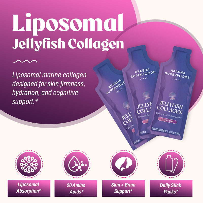 Akasha Superfoods Liposomal Jellyfish Collagen, Lychee Lime, 15 Packets | Type I, II & V Collagen Peptides, All 20 Amino Acids; Supports Skin Firmness, Memory & Focus; Single-Serve