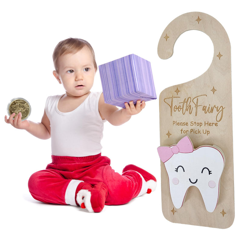 [Australia] - Tooth Fairy Door Hanger, Wooden Tooth Fairy Holder with Tooth Coins for Lost Tooth Kids Gifts - Pink 