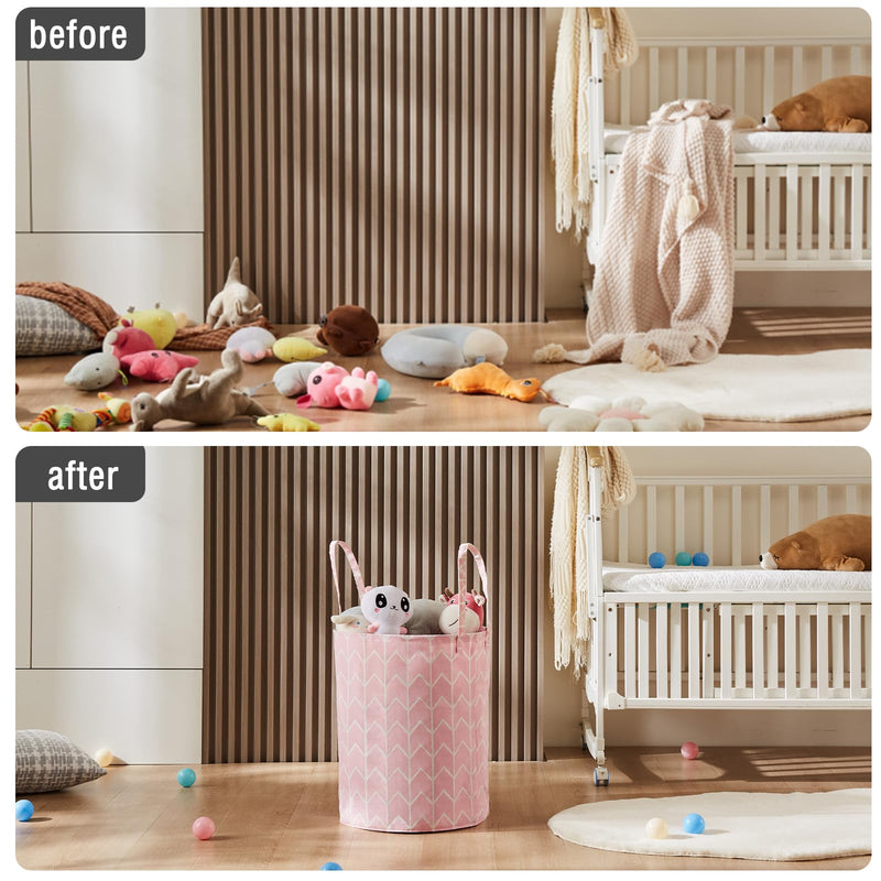 [Australia] - TECHMILLY Large Storage Basket for Girls and Boys, Collapsible Laundry Hamper with Long Handles, Toy Bins for Nursery, Kids Room Décor 1 Pack Pink Geometry 
