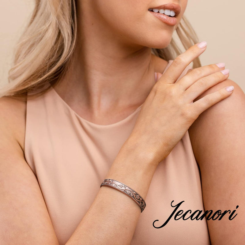 [Australia] - 2Pcs Magnetic Copper Bracelets for Women, Vintage Flower 99.99% Pure Copper Bracelets with 3500 Gauss Magnets, Adjustable Cuff Jewelry with Gift Box 