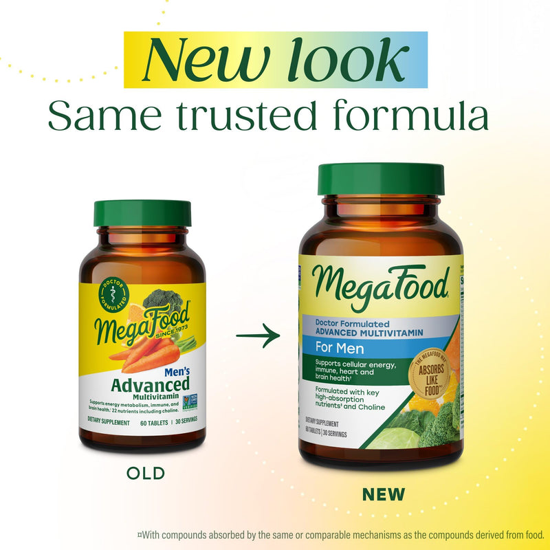 MegaFood Advanced Multivitamin for Men, Doctor Formulated, 60 Tablets | Immune Support, Cellular Energy, Heart & Brain Health, Choline, Methylfolate, Vitamin C, D3, Zinc, Vegetarian, 30 Servings 60 Count (Pack of 1)