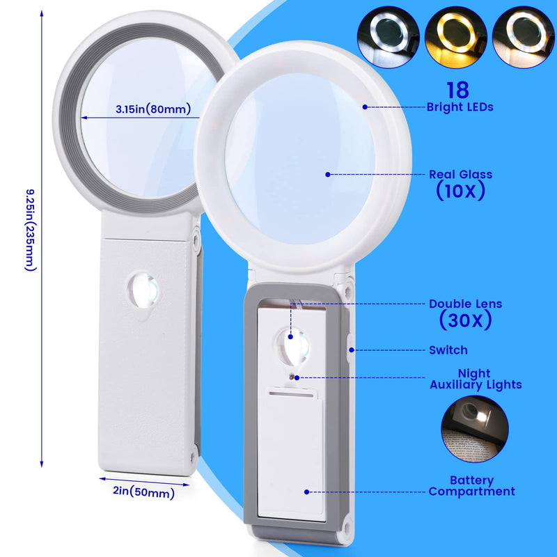 [Australia] - 30X 10X Magnifying Glass with Light and Stand, Foldable Handheld Magnifying Glass 18 LED Illuminated Lighted Magnifier for Macular Degeneration, Seniors Reading, Close Work, Coins, Jewelry White 