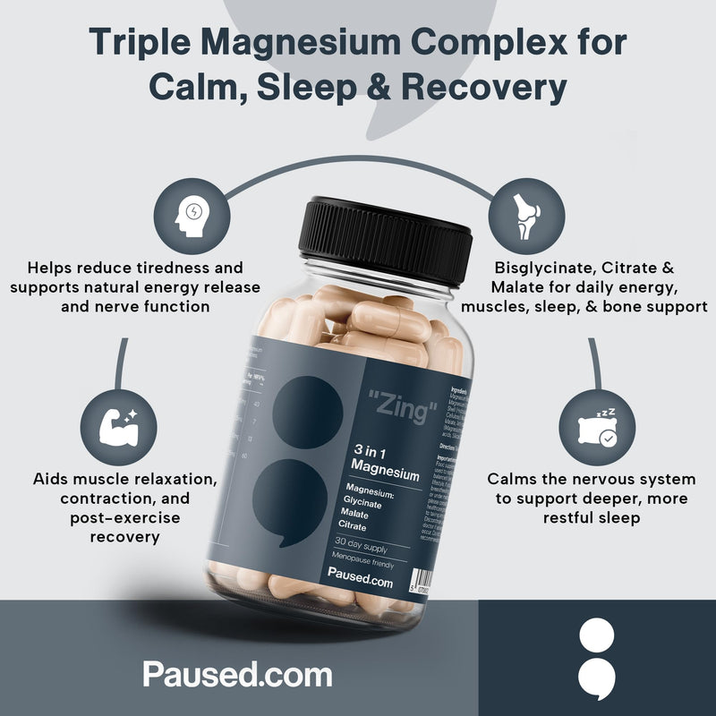 Paused Magnesium 3-in-1 Complex – 225mg Elemental Magnesium from Glycinate, Citrate & Malate – 60 Vegan Capsules – Magnesium for Energy, Muscles & Nervous System – Made in UK