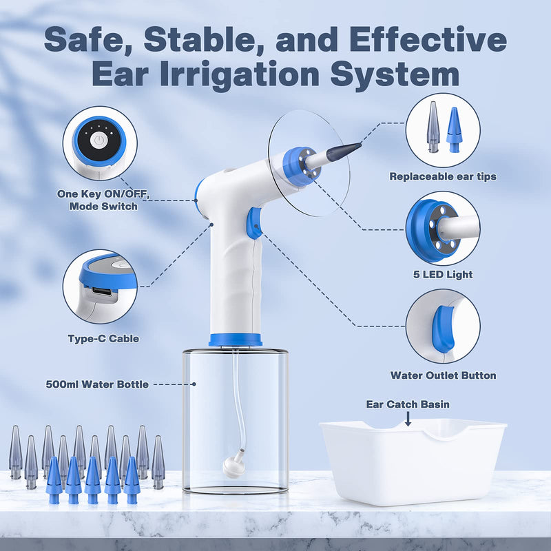 [Australia] - Ear Wax Removal, Electric Ear Cleaning Kit with Light, Ear Irrigation Kit with 4 Pressure Modes, Safe and Effective Ear Flush Kit with Ear Cleaner - Includes Basin, Towel & 15 Tips Blue 