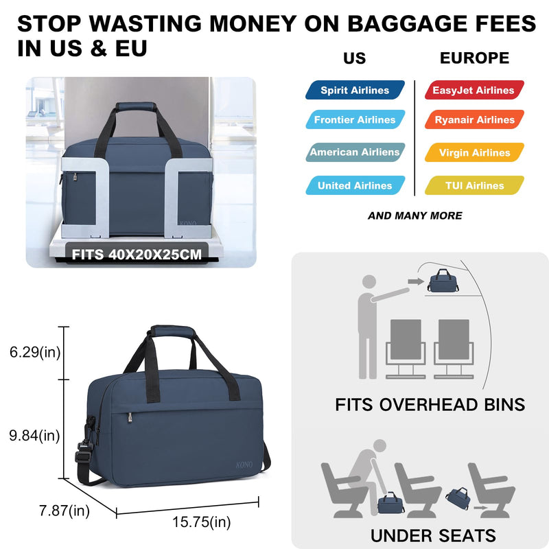 Kono Travel Duffel 20L Under Seat Carry-On Bag Navy | Sports Tote Gym Weekender Overnight Bag - 15.75"x9.84"x7.87" M(15.75in x 9.84in x 7.87in)-20L