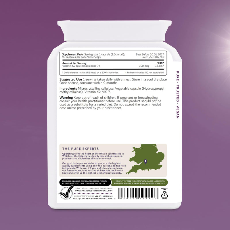 Vitamin K2 | 100mcg High Strength Vitamin K2 (Menaquinone-7) | 90 Vegan Capsules UK Made | 1 Capsule Daily (3 Month Supply), Natural Ingredients