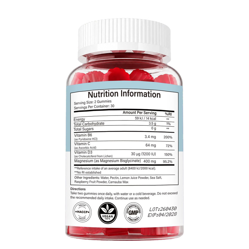 Magnesium Bisglycinate Gummies 400mg, Chelated Magnesium with Vitamin B6 & D3 for Women & Men, Max Absorption Magnesium Supplement for Sleep, Stress, Muscle Support, Raspberry, 60 Gummies