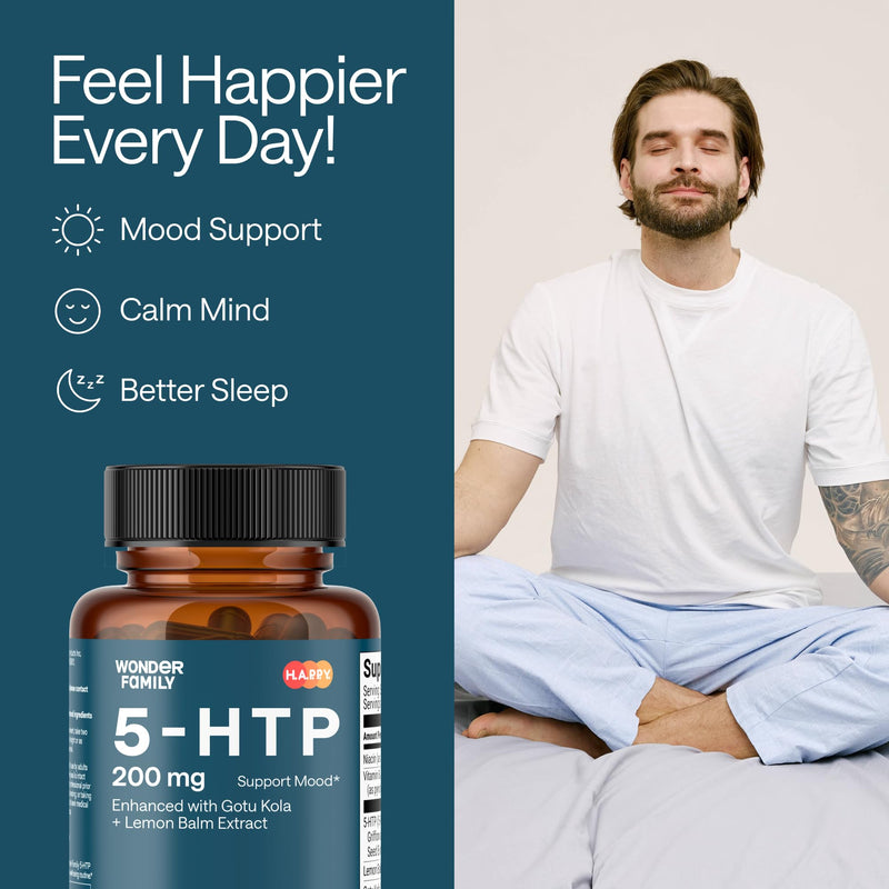 WONDER FAMILY 5 HTP 200mg - with Vitamin B6 100mg, Gotu Kola - Wellbeing Supplement for Women, Men - 2X Potency of 5HTP 100mg, 4X of 5-HTP 50mg - Deep Sleep Supplement - 60 5HTP 200mg Capsules 60 Count (Pack of 1)